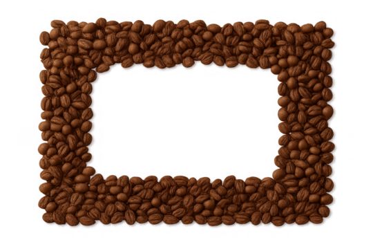 Coffee Bean Frame: A unique frame formed by roasted coffee beans, with an empty space, ideal for text or an image, embodying warmth, flavor, and inviting aroma.