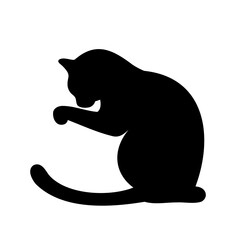 A black cat silhouette grooming itself on a plain white background