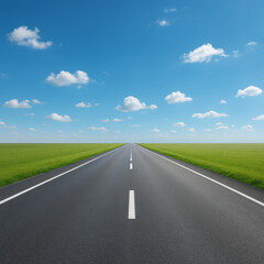 Fototapeta premium The Open Road: A captivating visual of an empty road stretching into the distance, under a vibrant blue sky dotted with fluffy clouds, symbolizing freedom and exploration.