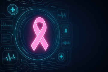 Medical pink ribbon symbolizing awareness and support for breast cancer is displayed on futuristic digital interface with healthcare icons and glowing elements, representing hope and prevention