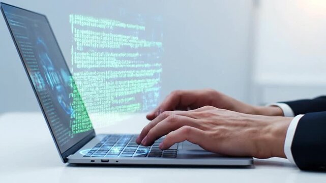 Man Typing on Laptop with Program Code and Futuristic Technology Overlay