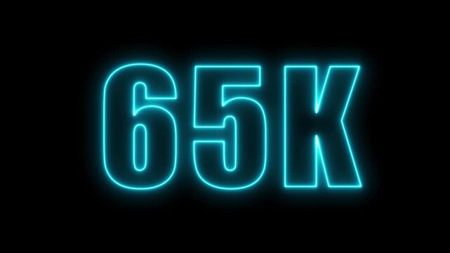 Glowing neon sign displaying the number 65k on a dark black background