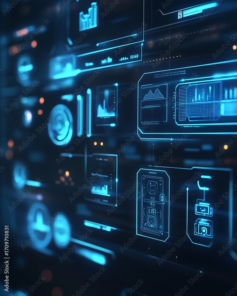 Fototapete dynamic futuristic digital interface with glowing blue charts and data streams showcasing advanced t