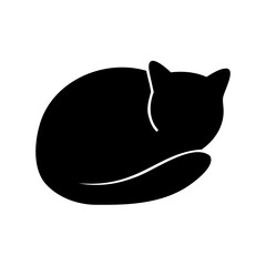 Minimalist black cat curled up sleeping peacefully on a white background