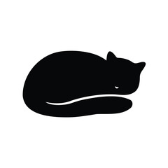 Black Silhouette of a Sleeping Cat Curled Up on a White Background