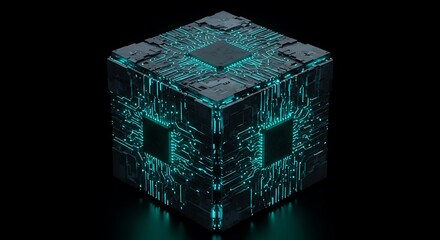 Glowing Circuitry Cube, Abstract Technology Concept