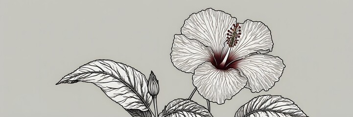 Fototapeta premium Black and White Hibiscus Flower with Leaves Artistic Illustration on Light Gray Background