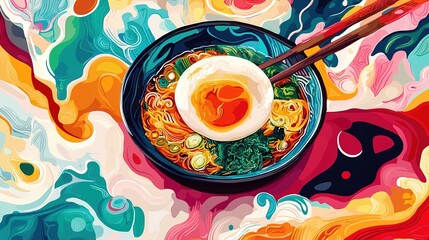 A vibrant bowl of ramen with an egg, surrounded by abstract colorful patterns, evoking a lively and artistic culinary experience.