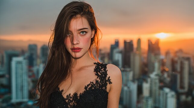 Confident young woman striking a fierce pose urban rooftop sunset city skyline fashion forward slay attitude