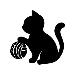 Silhouette of a cute cat playing with a ball of yarn drawing