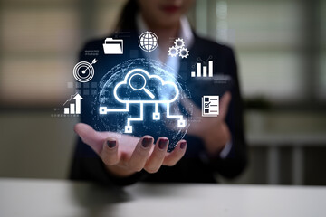 Digital transformation and global connectivity innovation visualized with virtual cloud storage