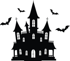 Haunted Halloween castle silhouette with flying bats and spooky atmosphere, perfect for eerie holiday invitations, posters, backgrounds, and decorations.