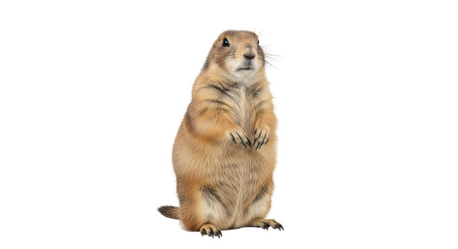 Isolated prairie dog, standing upright and alert, cute rodent looks at the camera