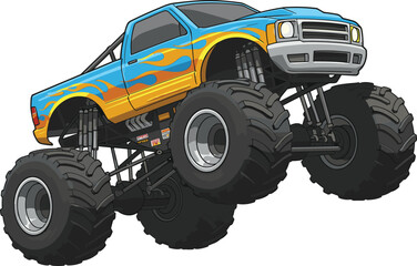 Monster truck illustration, blue yellow flame design, off-road vehicle, oversized tires, extreme sports, automotive artwork, powerful stunt racing concept
