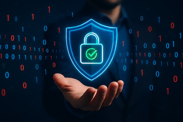 Man holding a glowing shield with padlock icon surrounded by binary code, representing cybersecurity and data protection for online security