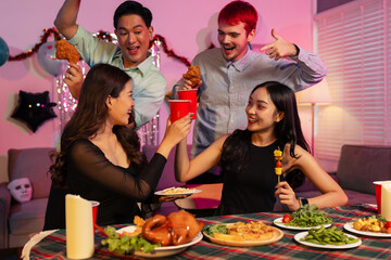 Dinner and group of people toast celebration together at party.