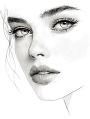 Obraz premium Captivating Gaze: A detailed black and white drawing of a woman's face, the eyes exuding a profound sense of thoughtfulness and allure.