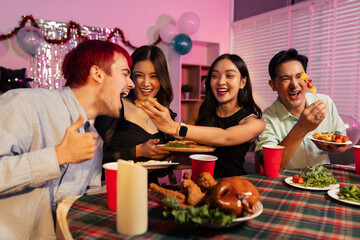 Dinner and group of people toast celebration together at party.