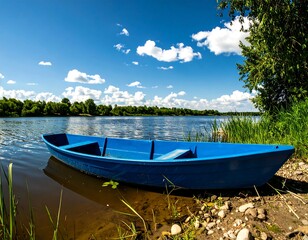 Blue boat on a placid river under a partly cloudy sky