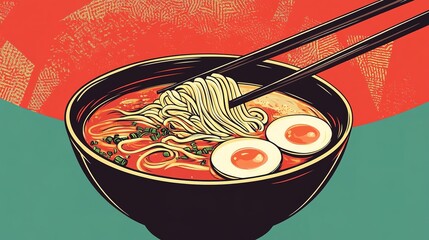 A vibrant bowl of ramen with noodles and soft-boiled eggs, presented against a bold red and green backdrop, evoking a lively dining experience.