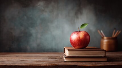 Red apple with green leaf on stack of books placed on wooden desk with pencils in holder on blurred background.