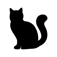 Silhouette of a black cat in a seated position on white background