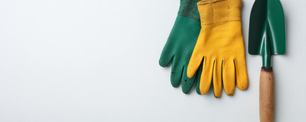Green gardening gloves, yellow gardening gloves, and green trowel with wooden handle on white background, representing gardening tools and outdoor work essentials
