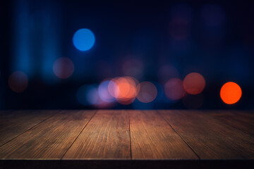 Wooden Surface with Defocused Light: A rich, textured wooden surface in the foreground sets the stage for an abstract blur of colorful lights, creating a moody and atmospheric setting.