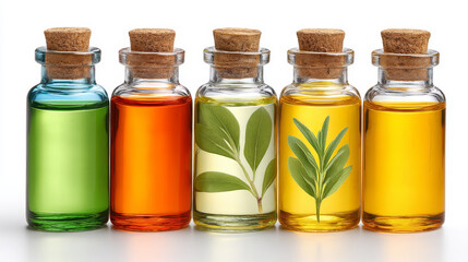 Colorful essential oil bottles with cork stoppers, each filled with vibrant liquid and some containing green leaves, arranged in row on white background, evoking calmness
