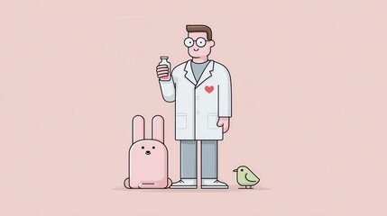 Creative pet groomer illustration featuring a cheerful character, a happy bunny, and a curious bird in a whimsical setting. International Pet Groomer Appreciation Day