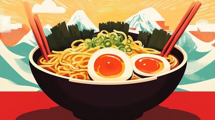 A vibrant illustration of a bowl of ramen topped with eggs and green onions, set against a mountainous background.