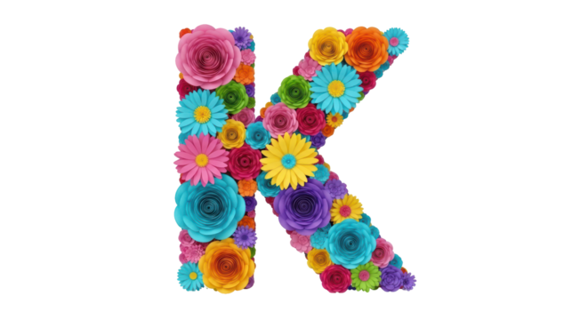 Isolated letter K created from colorful craft flowers forming decorative typography design