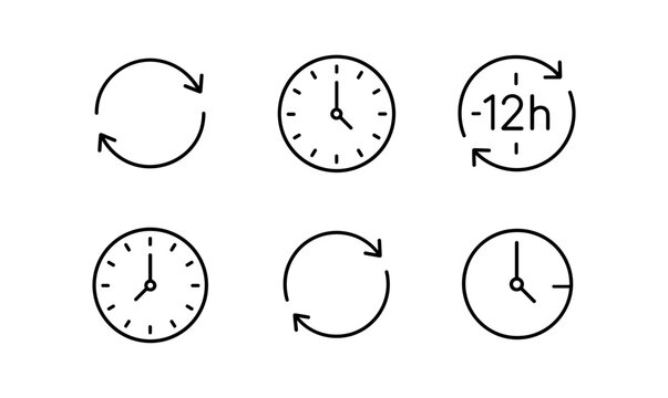 Minimalist clock symbols set indicating time and rotation concepts in linear style