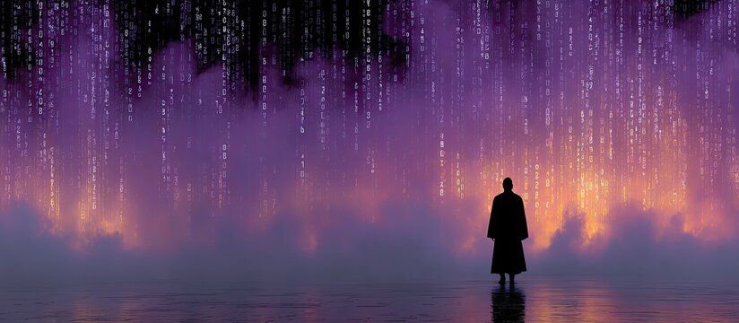 Silhouette figure in a misty landscape, digital rain