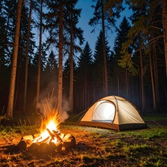 Campfire and tent in a forest at night