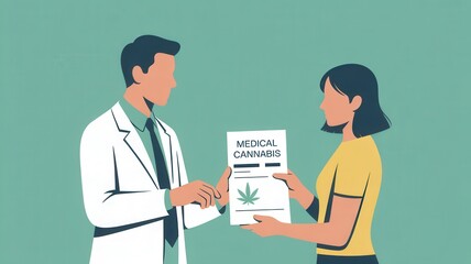 Medical professional discusses prescription of cannabis with patient in a minimalist and elegant design. National Medical Cannabis Week