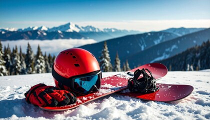 Snowboard in the beautiful snow mountain, winter and Christmas holiday season