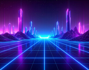 A vibrant digital frontier with a glowing neon grid pathway leading through a mountainous landscape to a futuristic city skyline