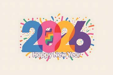 Vibrant and festive 2026 new year celebration with colorful confetti and the words happy new year in a playful font