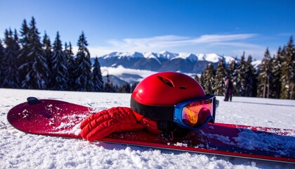 Snowboard in the beautiful snow mountain, winter and Christmas holiday season