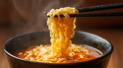 A steaming bowl of noodles is lifted with chopsticks, showcasing a delicious meal filled with flavorful broth.