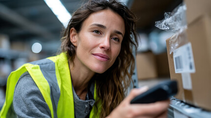 A warehouse worker scans inventory items with a handheld device, demonstrating the integration of technology in logistics and her commitment to accuracy and efficiency in her job.