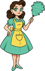 Retro cartoon housewife illustration, vintage woman cleaning with feather duster, 1950s domestic life character design, teal dress, yellow apron smiling