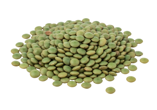 A close-up view of a pile of vibrant green lentils, displaying a multitude of rounded seeds against a pure black background.