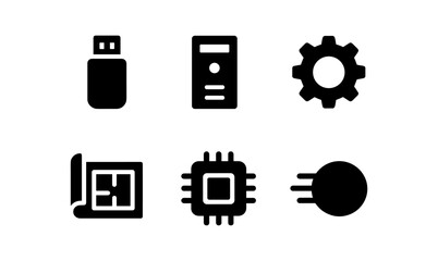 Minimalist technology icons: usb, pc, gear, blueprint, chip, planet