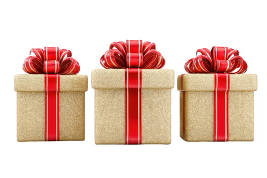 Three Gold Glitter Gift Boxes with Red Ribbons on Black Background