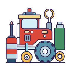 Colorful cartoon tractor with tools and equipment illustration