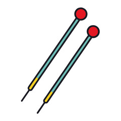 Stylized illustration of two knitting needles with red and yellow accents