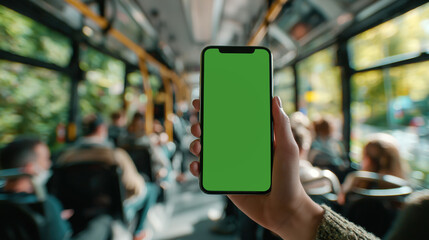a person holding an iphone with a green screen in bus