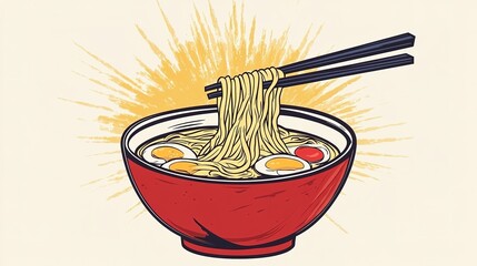 A vibrant bowl of noodles topped with colorful ingredients, being lifted with chopsticks against a bright, radiant background.